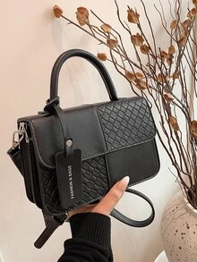 复古纹理黑色拼布女士斜挎包，时尚百搭 PU 皮革翻盖单肩包，简约日常通勤购物邮差包，复古户外度假旅行挎包钱包，宴会新款手机零钱包 - 黑色 - 查看 2