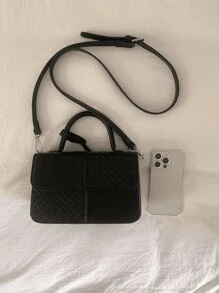 复古纹理黑色拼布女士斜挎包，时尚百搭 PU 皮革翻盖单肩包，简约日常通勤购物邮差包，复古户外度假旅行挎包钱包，宴会新款手机零钱包 - 黑色 - 查看 3