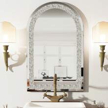 UNHO Łukowe Lustro Ścienne 90*60 cm, Błyszczące Lustro z Kryształami, Dekoracyjne do Salonu, Sypialni, Holu lub Łazienki – Srebrne - Srebro - Zobacz 7