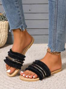 Sandales plates style vacances avec décoration de franges, tongs d'été pour la plage pour femmes