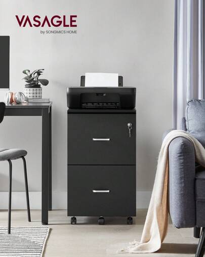 VASAGLE Lockable File Cabinet, Filing Pedestal With 2 Drawers, 5 Wheels, And Adjustable Hanging Rails, Textured Surface, For A4 And Letter Sized Papers, Home Office