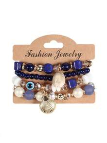 4 Vòng tay mặt dây chuyền vỏ kim loại ngắn gọn phong cách Boho sang trọng, nhiều lớp với hạt kẹo - vòng tay nhiều lớp - Xem 8