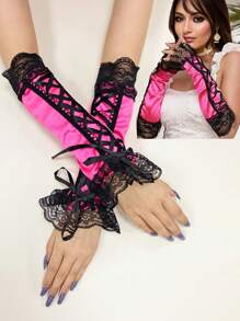 1 对时尚性感系带袖套，闪光蕾丝拼接露指手套，优雅缎面袖口，适合女士日常穿着、活动、派对、角色扮演 - 彩色 - 查看 8
