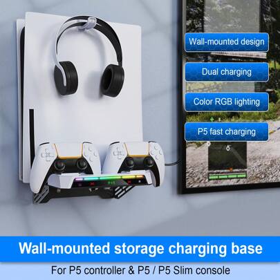 Kit de montaje en pared para P5 Slim/P5 con estación de carga, estante flotante P5, cargadores duales de controlador con luz RGB multimodal, soporte para auriculares y concentradores USB para PlayStation 5 Slim (disco y digital)