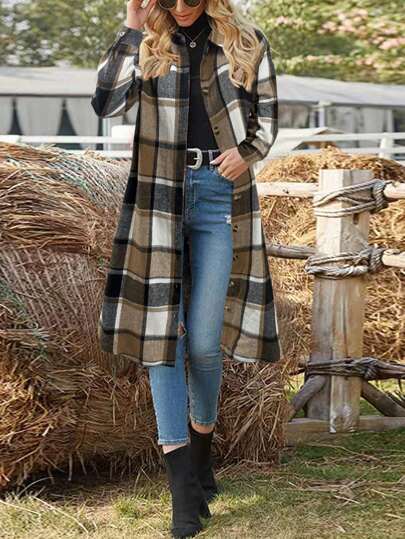 Fashionable Street Style Loose Fit Plaid Shirt Jacket With Lapel Collar For Women, Long Sleeve