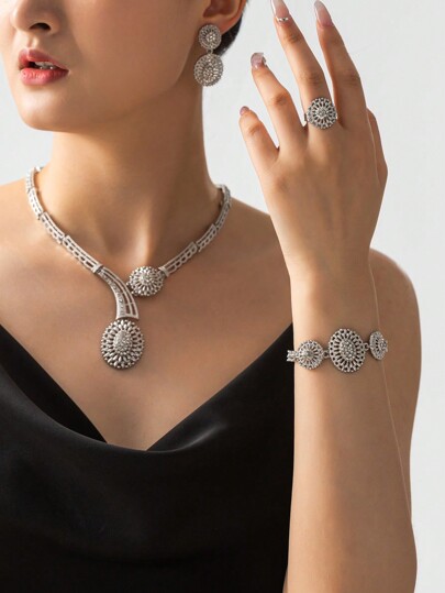 5 قطع مجموعة مجوهرات أنيقة باللون الفضي، مجموعة القلادة، مجوهرات موضة للنساء