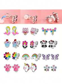 6 paires Boucles d'oreilles à clip sans piercing pour filles avec les oreilles non percées, boucles d'oreilles hypoallergéniques en acier inoxydable cœur coloré, fleur, papillon et arc-en-ciel, ensemble de boucles d'oreilles à pierres CZ
