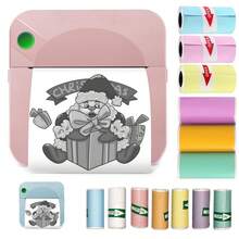 Máy in bỏ túi mini, có giấy dán màu 7 cuộn và giấy 1 cuộn bên trong máy in, máy in nhiệt di động để dán nhãn dán, nhãn, ghi nhớ văn bản, biên lai, máy in ảnh, 203 dpi, in quà tặng không mực BT, máy in không dây tương thích với iOS và Android - C17Hồng với nhãn dán màu 7Rolls - Xem 2