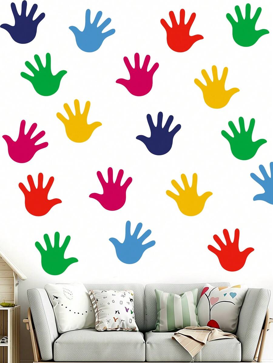 5sheets(45pcs)/Set Colorful Cartoon Hand Print Wall Stickers, Waterproof PVC Hand Shape Sticker Decals For Room Decoration, Stickers, Wall Decal, Vinyl Decal For Home Decorations, Spring Decoration Items Refresh Your Home, Rama Decoration Stickers Gifts Birthday Graduation - Multicolor - View 1