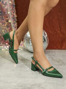 Women's Pointed Toe Chunky Heel Backless Fashion Sandals - Dark Green - View 4