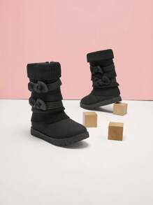 Girl's Mid Calf Snow Boots With Bow, Lined Warm & Comfortable Winter Boots - 黑色 - 查看 1