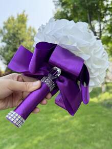 1PC Wedding Bouquet Bride Bridesmaid holding flowers Bride Mariage Party DIY Decor Wedding Accessories Color blocking design Artificial Foam Roses Flower pearl Bride Bouquet Wedding Party - Purple - View 15