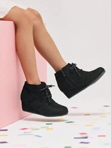 Girls Low Wedge Heel Booties Side Zipper Ankle Boots Toddler/Little Kid/Big Kid - 黑色 - 查看 2