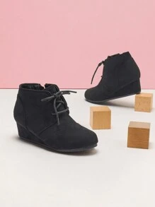 Girls Low Wedge Heel Booties Side Zipper Ankle Boots Toddler/Little Kid/Big Kid - 黑色 - 查看 1