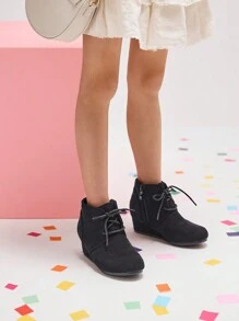 Girls Low Wedge Heel Booties Side Zipper Ankle Boots Toddler/Little Kid/Big Kid - 黑色 - 查看 3