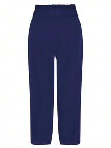 女士休闲海滩度假松紧腰不对称下摆开叉纯色舒适阔腿七分裤，夏季