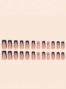 24 Peças Kit de Unhas Postiças Quadradas Médias Francesas na Cor Preta, Combinadas com Corações Pretos Lúdicos, Unhas Postiças Falsas de Cobertura Total, Inclui 1 Peça folha de adesivos e 1 Peça mini lixa, para Uso Diário, Escritório, Casa, Festa, Acessórios de Jóias Femininas, Dicas de Unhas Falsas 1 Peça tira de lixa, Envio Aleatório de Gel de Gelatina