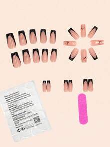 24 Peças Kit de Unhas Postiças Quadradas Médias Francesas na Cor Preta, Combinadas com Corações Pretos Lúdicos, Unhas Postiças Falsas de Cobertura Total, Inclui 1 Peça folha de adesivos e 1 Peça mini lixa, para Uso Diário, Escritório, Casa, Festa, Acessórios de Jóias Femininas, Dicas de Unhas Falsas 1 Peça tira de lixa, Envio Aleatório de Gel de Gelatina