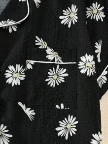 女士雏菊印花夏季睡衣套装（两件套），短袖纽扣衬衫和短裤，休闲家居服 - 黑色 - 查看 5