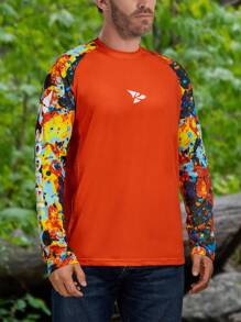 RODEEL Summer Workout Men's Camouflage Print Color Block Raglan Long Sleeve T-Shirt Sun Protection Quick-Drying Sports Top Suitable For Outdoor Running Hiking And Fishing - Orange - View 6