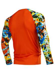 RODEEL Summer Workout Men's Camouflage Print Color Block Raglan Long Sleeve T-Shirt Sun Protection Quick-Drying Sports Top Suitable For Outdoor Running Hiking And Fishing - Orange - View 3