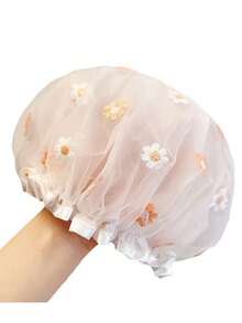 1pc Double Layer Thickened Waterproof Sunflower Embroidered Bath Shower Cap, Unisex Adult & Kids - Beige - View 5