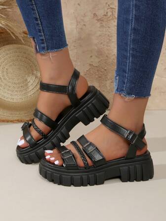 Black Thick Sole Open Toe Sandals For Women, Summer Fashion Casual Thick Bottom Sandals