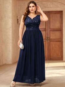 Plus Sweetheart Neck Sequin Insert Contrast Lace Chiffon Evening Party Maxi Formal Dress, Elegant Prom Wedding Guest Dress, For Graduation, Homecoming, Dinner,Gown, For Valentine's Day - Navy Blue - View 5