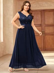 Plus Sweetheart Neck Sequin Insert Contrast Lace Chiffon Evening Party Maxi Formal Dress, Elegant Prom Wedding Guest Dress, For Graduation, Homecoming, Dinner,Gown, For Valentine's Day - Navy Blue - View 6