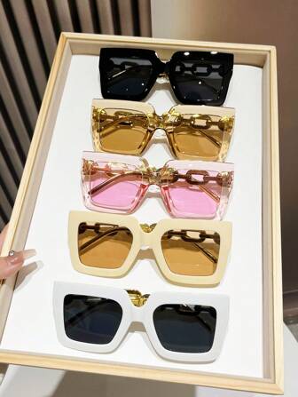 5 Pcs Women's Square Temple Chain Decor Personalized Street Style Glasses, Luxury Fashion Eyewear For Beach, Suitable For Daily Life, Beach Vacation, Outdoor Travel