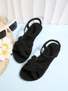 女士交叉踝帶涼鞋，優雅黑色平底涼鞋 - 黑色 - 查看 6