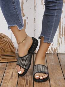 Women's Solid Color Round Toe Black Wavy Pattern Flat Slide Sandals Slip-On Outdoor Casual Fashion Slippers