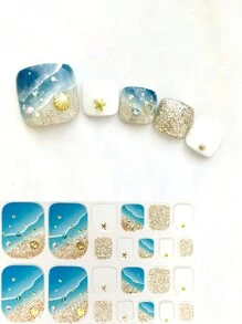 3D Diamond Blue Wave Theme Full Nail Stickers, Beach Shell & Starfish Nail Art Decals - Multicolor - View 1