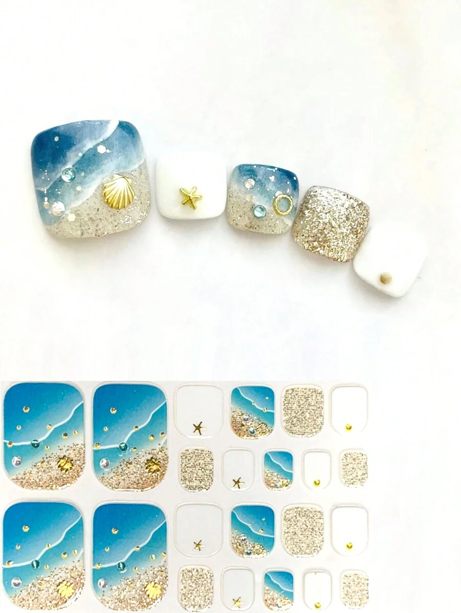 3D Diamond Blue Wave Theme Full Nail Stickers, Beach Shell & Starfish Nail Art Decals - Multicolor - View 1
