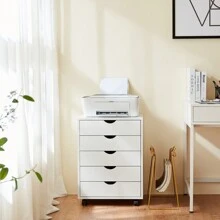 OLIXIS 5 Drawer Storage Organizer, Wood File Cabinets With Wheels, Large Printer Stand For Home Office Study Dressing Room, Set Of 1, Black - 白色 - 查看 2