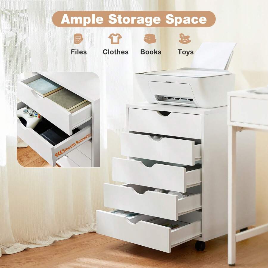 OLIXIS 5 Drawer Storage Organizer, Wood File Cabinets With Wheels, Large Printer Stand For Home Office Study Dressing Room, Set Of 1, Black - 白色 - 查看 1