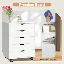 OLIXIS 5 Drawer Storage Organizer, Wood File Cabinets With Wheels, Large Printer Stand For Home Office Study Dressing Room, Set Of 1, Black - 白色 - 查看 8