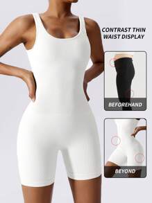 Yefecy Women's Basic Solid Color Ribbed Knit Jumpsuit, Ribbed Solid Color Fashion Sportswear Jumpsuit, High Stretch Yoga Jumpsuit, Spring/Summer Shapewear Jumpsuit - White - View 4