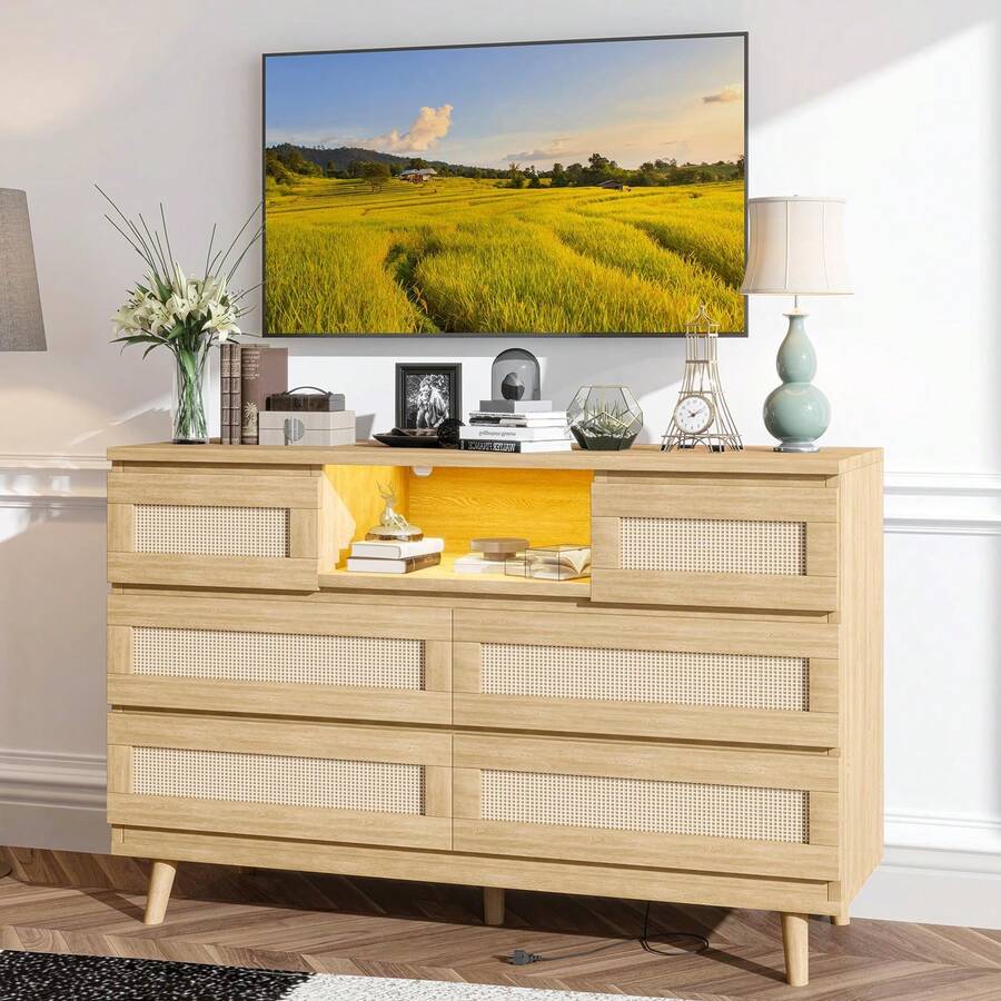 Rattan Dresser For Bedroom With 6 Drawers,Nursery Dresser With LED Lights And Charging Station,6 Drawer Double Dressers,Modern Wooden Dresser Chest,Tall Dresser Beside Table For Closet,Nursery,Living Room - 木材顏色 - 查看 1