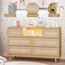 Rattan Dresser For Bedroom With 6 Drawers,Nursery Dresser With LED Lights And Charging Station,6 Drawer Double Dressers,Modern Wooden Dresser Chest,Tall Dresser Beside Table For Closet,Nursery,Living Room - 木材顏色 - 查看 3