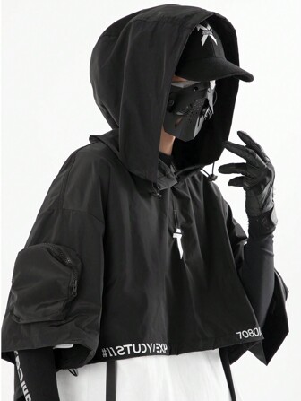 Streetwear Harajuku Dark Functional Hooded Poncho For Men, Loose Casual Hiphop Pullover Top Jacket