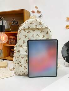 1 件装 回到学校 休闲可爱大容量书包 全身印花蝴蝶结背包 钱包 优质涤纶学校背包 宽敞的多个口袋 带笔记本电脑隔层 书包 拉链包 休闲旅行背包 非常适合毕业生、儿童和女孩/少女 非常适合户外、旅行和学校 - 卡其色 - 查看 4