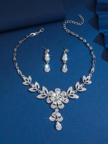 3pcs Women's Necklace & Earrings Set, Beautiful Flower Design Studded With Water Rhinestones, Black Water Droplet Tassel Necklace, Elegant & Exquisite Collarbone Chain, Shiny Party Gift Valentines,Mom,Mother,Mother's Day,Gift