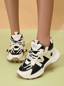 New Thick-Soled Women's Black & White Colorblock Chunky Sneakers, All Seasons Casual Breathable Mesh Running Elevator Fashion Sports Shoes