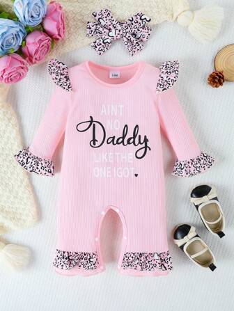 2件套新生儿长袖纯色字母印花连体衣及豹纹饰边发带套装，秋季