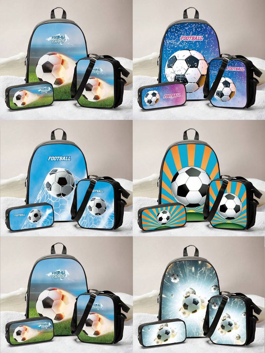 3 件/套男士学生背包套装：13.8 英寸背包、斜挎包、铅笔盒，采用涤纶制成，带衬垫背部和可调节肩带，适合户外旅行、学校（足球图案）书包套装返校学生用书本多功能学校用品书包