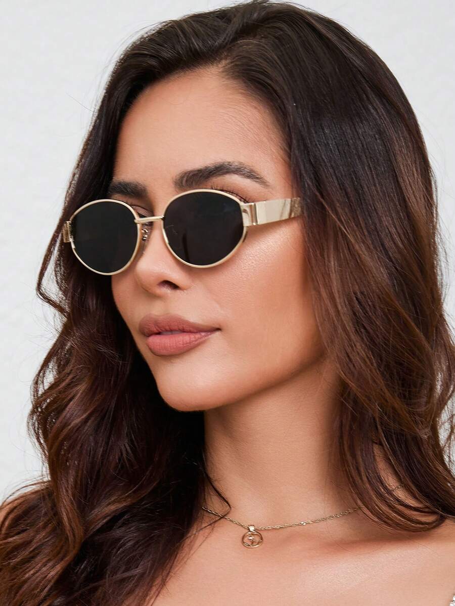 1 pieza Gafas de moda con marco ovalado vintage personalizadas para mujer y hombre, marco metálico redondo unisex, adecuadas para uso diario, sombreado para vacaciones de verano en la playa, al aire libre, viajes