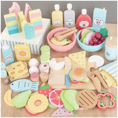 1 Set Kids Play Kitchen Toys Wooden Assorted Fake Snacks Platter, Pretend Play Realistic Vegetable & Fruit Salad Cutting Playset