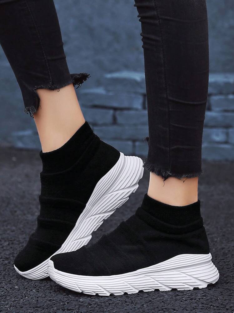 New Black White Women Casual Sports Sneakers Anti Slip Soft Sole Breathable High Top Slip On Socks Shoes