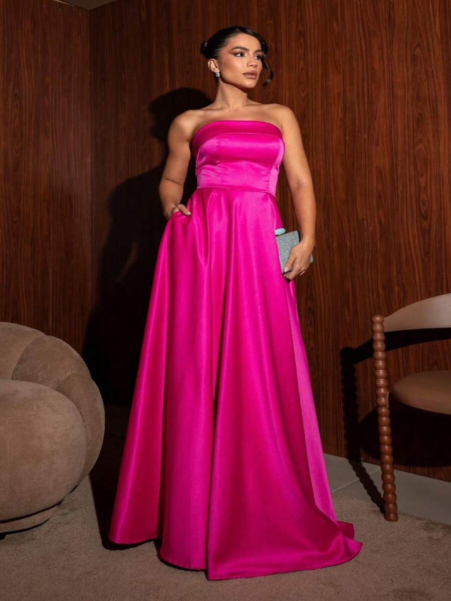 Long Bridesmaid Prom Debutante Party Dress Strapless Princess Style In Luxurious Satin-Free Fabric - 玫紅色 - 查看 1